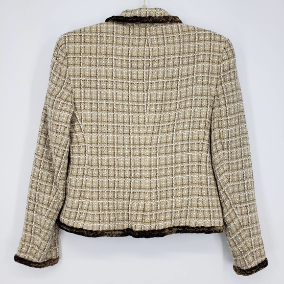 Y2K Allen by Allen Schwartz Tweed Blazer Jacket 8 Velvet Trim Vintage Tan Brown - Picture 2 of 9